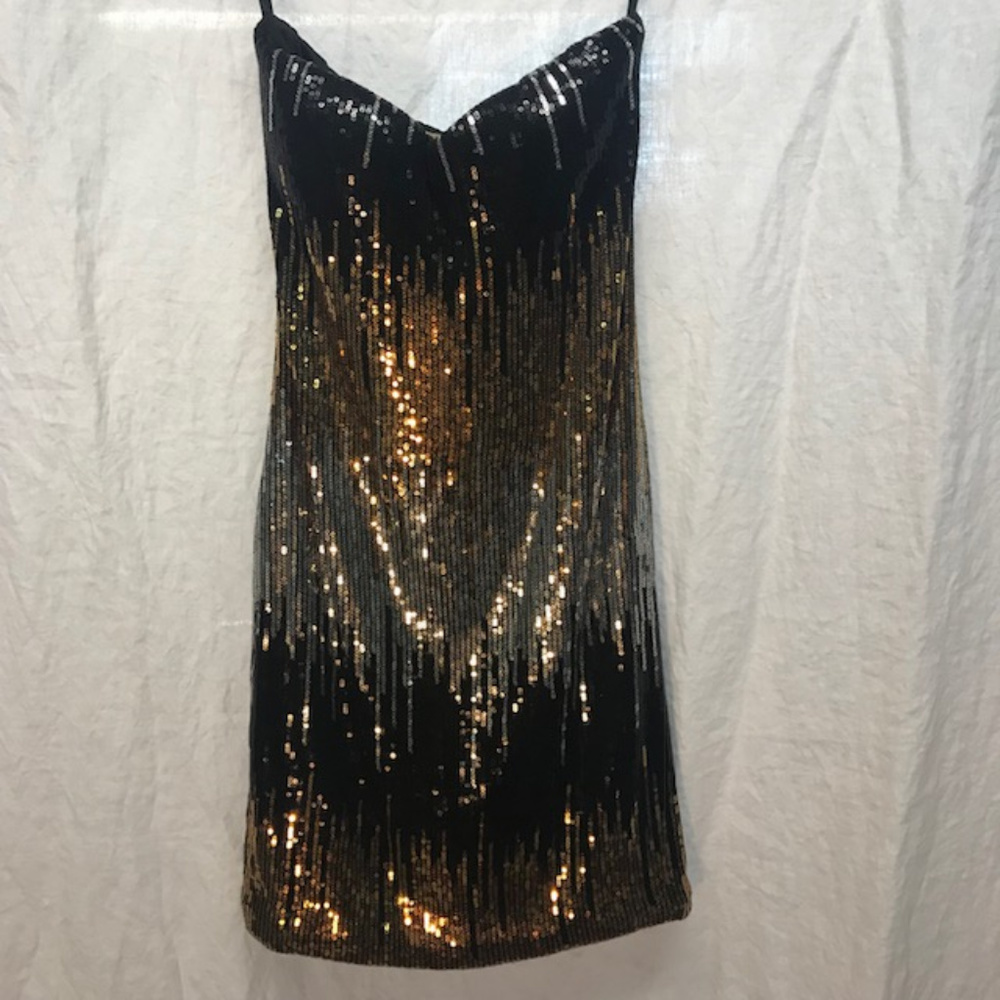Arden B shiny gold black silver strapless dress XS